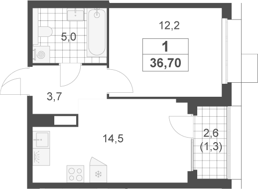 1-комн., 35.4 м², 6/17 этаж, ЖК «Скандинавия»