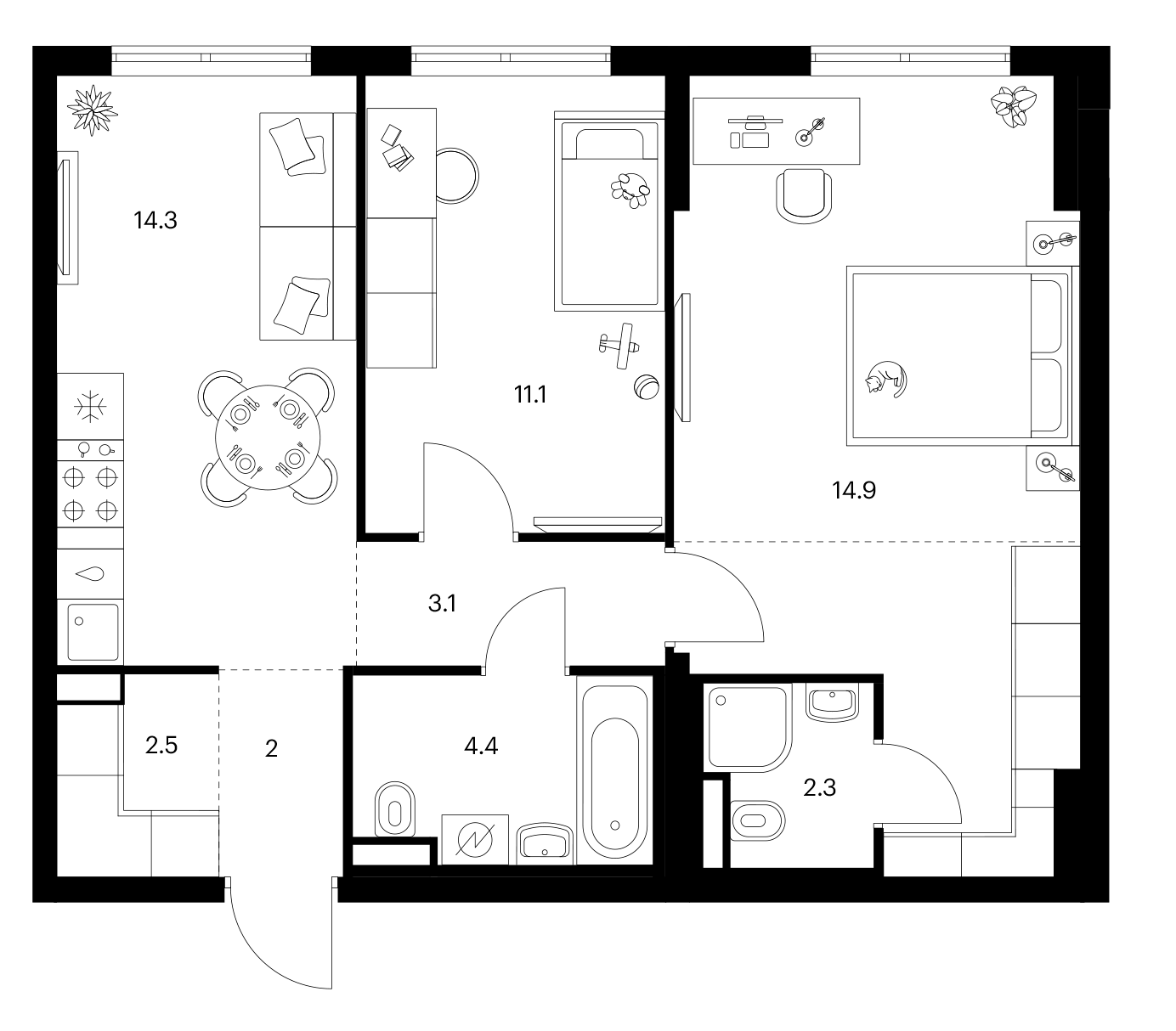 2-комн., 62 м², 24/25 этаж, ЖК «Ярославский»