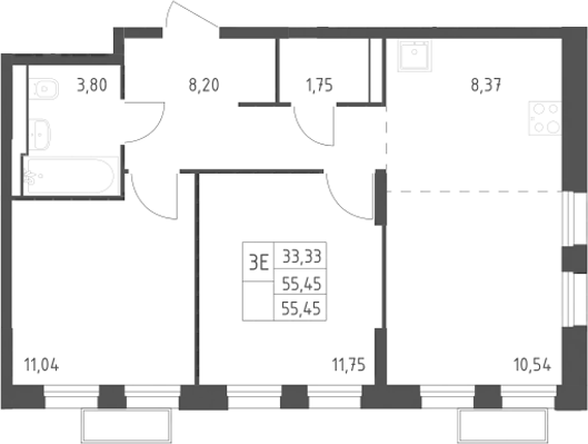 3-комн., 55.45 м², 22/24 этаж, ЖК «Квартал Строгино»