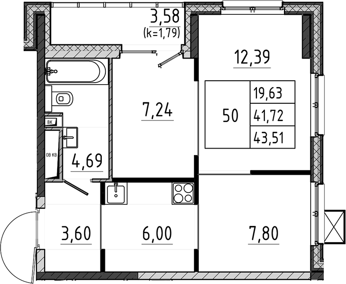 2-комн., 41.72 м², 11/17 этаж, ЖК «Поварово-Молодежный-2»