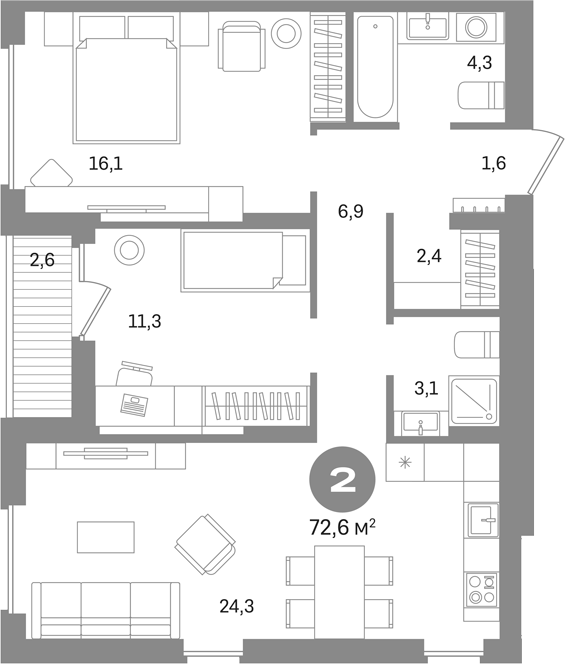 2-комн., 70 м², 6/17 этаж, ЖК «Первый квартал. Вторая очередь»