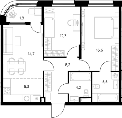 3-комн., 67.5 м², 30/43 этаж, ЖК «Адмирал»