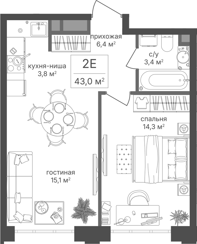 2-комн., 43 м², 3/20 этаж, ЖК «Михалковский»