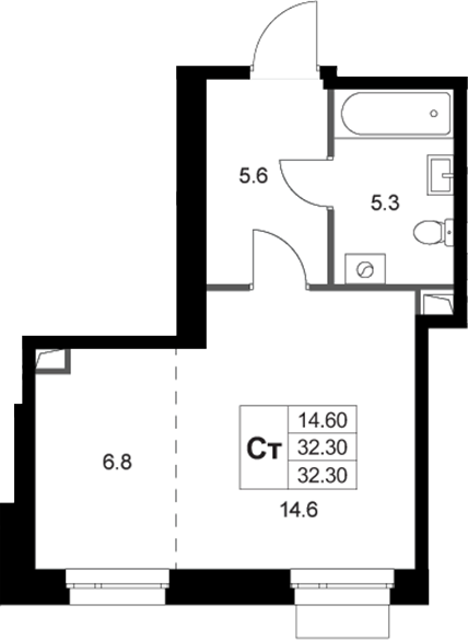 Студия, 32.3 м², 1/3 этаж, ЖК «Кореневский Форт 2.3»