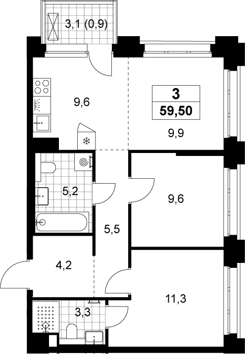 3-комн., 58.6 м², 3/13 этаж, ЖК «Хольм»