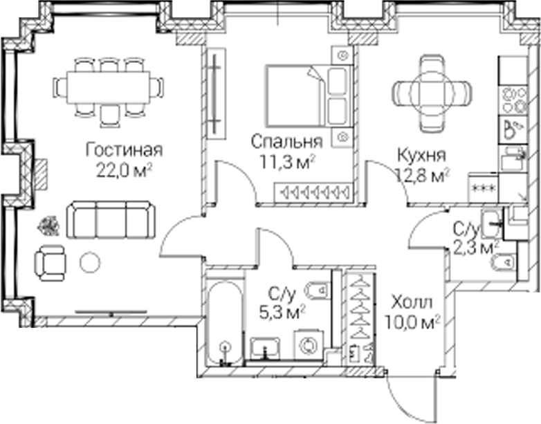 2-комн., 63.46 м², 3/6 этаж, ЖК «СЕЗАР БУДУЩЕЕ»