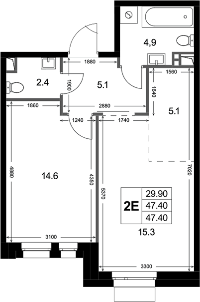 2-комн., 47.4 м², 1/3 этаж, ЖК «Кореневский Форт 2.3»