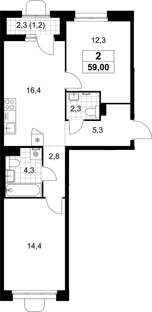 3-комн., 57.8 м², 5/10 этаж, ЖК «Прокшино»