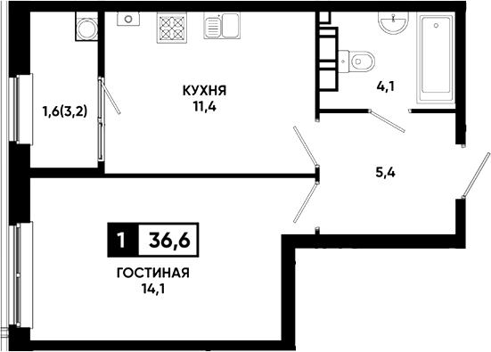 1-комн., 35 м², 2/23 этаж, ЖК «Резиденция Софи»