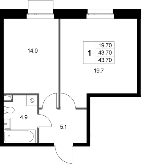 1-комн., 43.7 м², 1/3 этаж, ЖК «Кореневский Форт 2.3»