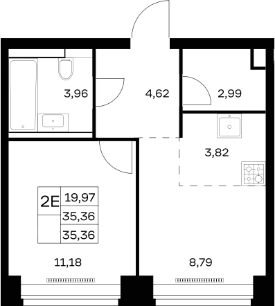 2-комн., 35.36 м², 24/32 этаж, ЖК «НОВА»