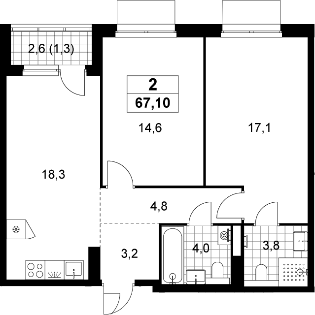3-комн., 65.8 м², 16/19 этаж, ЖК «Деснаречье»