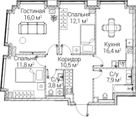 3-комн., 78.5 м², 4/12 этаж, ЖК «СЕЗАР БУДУЩЕЕ»