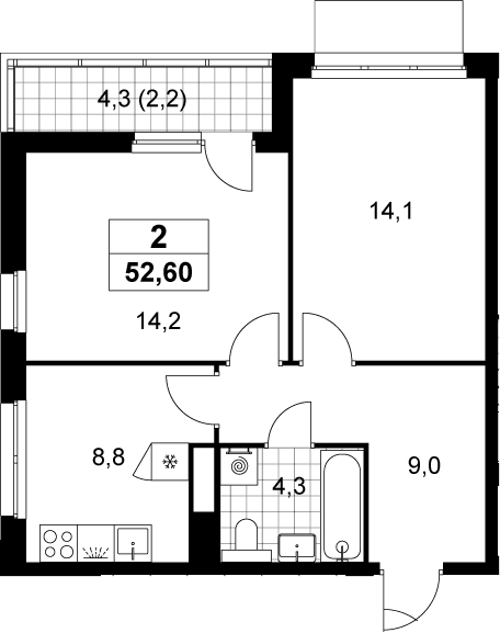 2-комн., 50.4 м², 9/15 этаж, ЖК «Деснаречье»