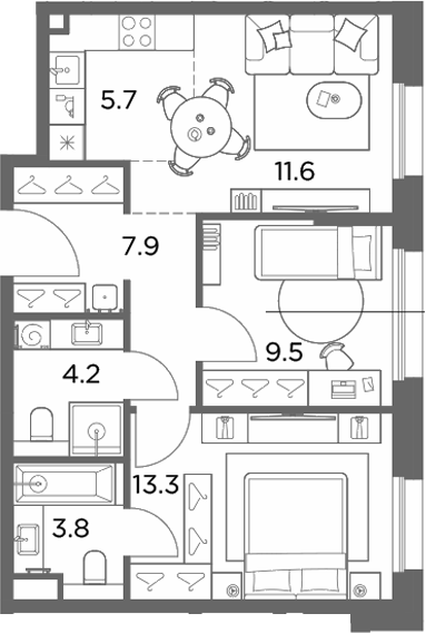 3-комн., 56 м², 5/6 этаж, ЖК «Станиславский»