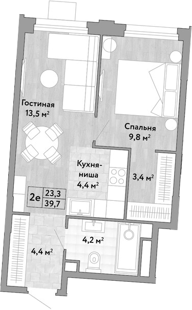 2-комн., 39.7 м², 22/29 этаж, ЖК «Новые Смыслы»