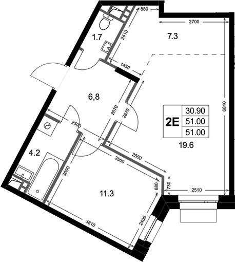 2-комн., 51 м², 2/3 этаж, ЖК «Кореневский Форт 2.3»