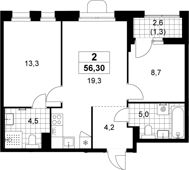 3-комн., 55 м², 5/14 этаж, ЖК «Прокшино»