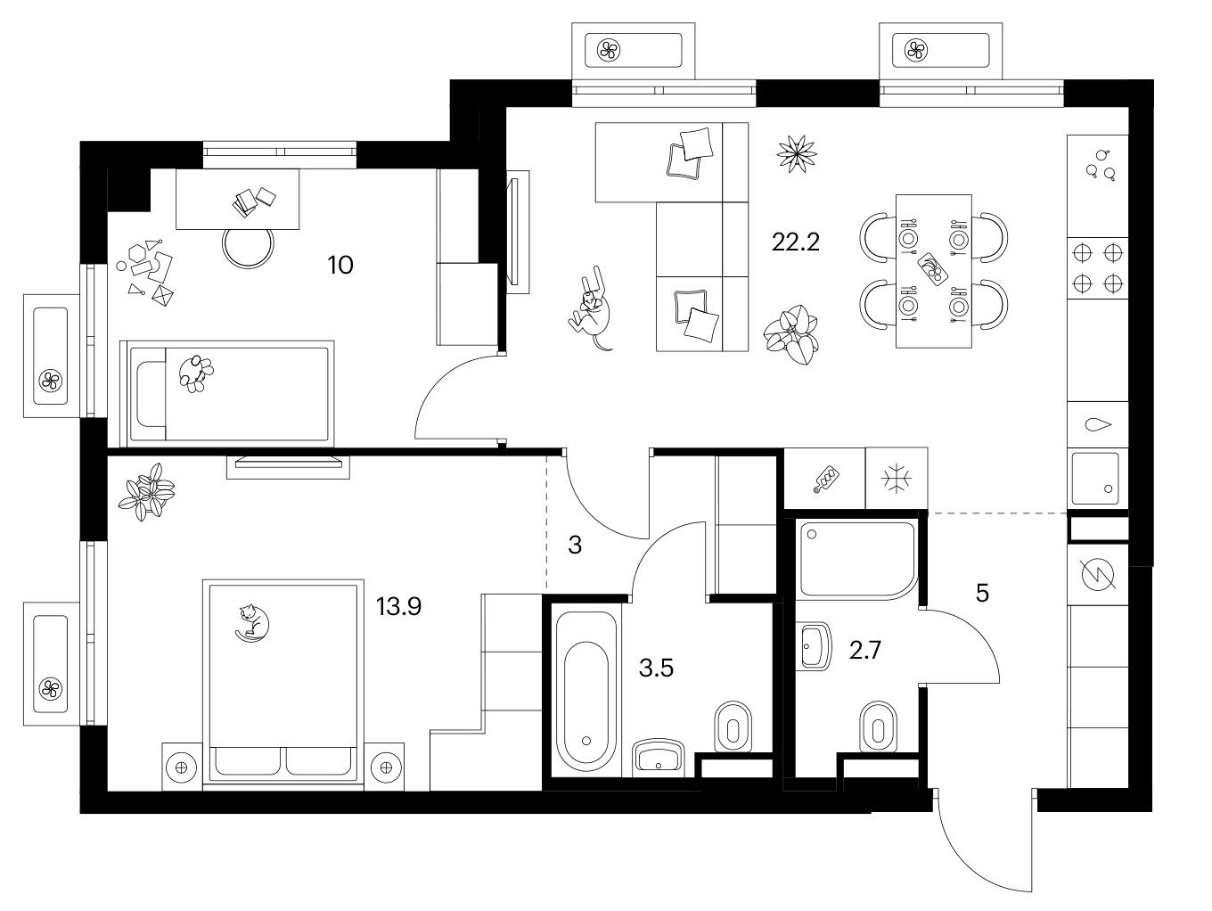 2-комн., 60.3 м², 21/25 этаж, ЖК «Ярославский»