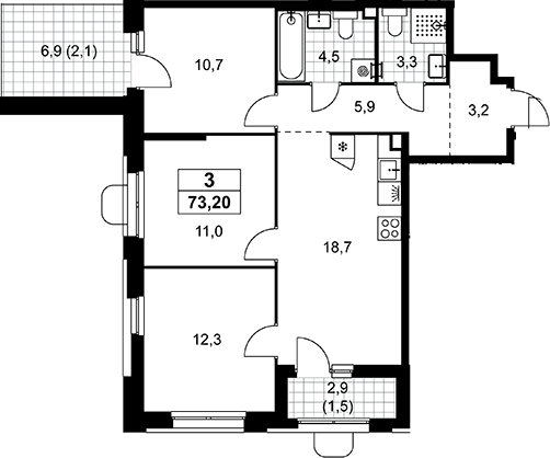 4+ комнаты, 69.6 м², 3/16 этаж, ЖК «Прокшино»