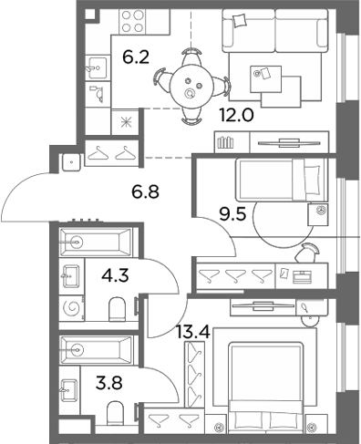3-комн., 56 м², 6/6 этаж, ЖК «Станиславский»