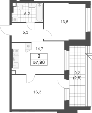 2-комн., 55.1 м², 2/23 этаж, ЖК «Южные сады»