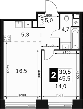2-комн., 45.5 м², 3/40 этаж, ЖК «Амбер Сити»