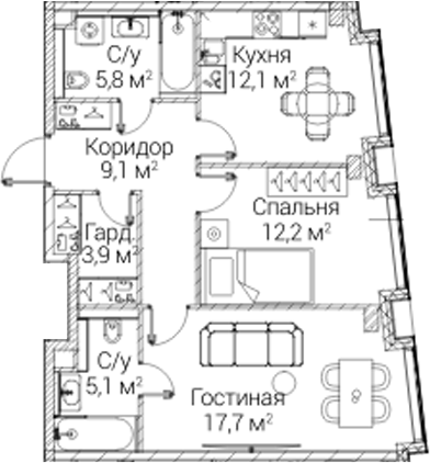 2-комн., 65.9 м², 6/12 этаж, ЖК «СЕЗАР БУДУЩЕЕ»