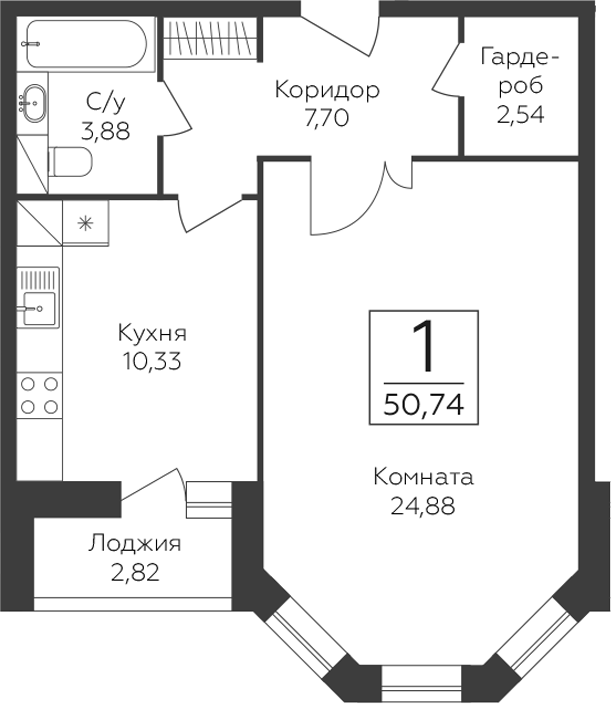 1-комн., 49.33 м², 9/23 этаж, ЖК «Пахра Сити»