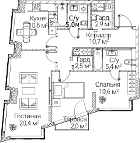 2-комн., 75.68 м², 11/12 этаж, ЖК «СЕЗАР БУДУЩЕЕ»