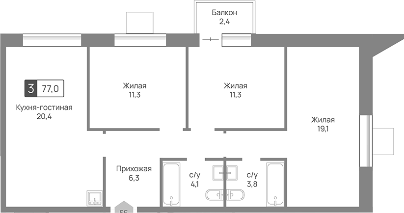 4+ комнаты, 76.3 м², 8/24 этаж, ЖК «Отрада 3»