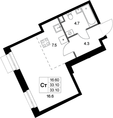 Студия, 33.1 м², 1/3 этаж, ЖК «Кореневский Форт 2.3»