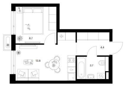 1-комн., 30.6 м², 11/14 этаж, ЖК «Зеленый парк»