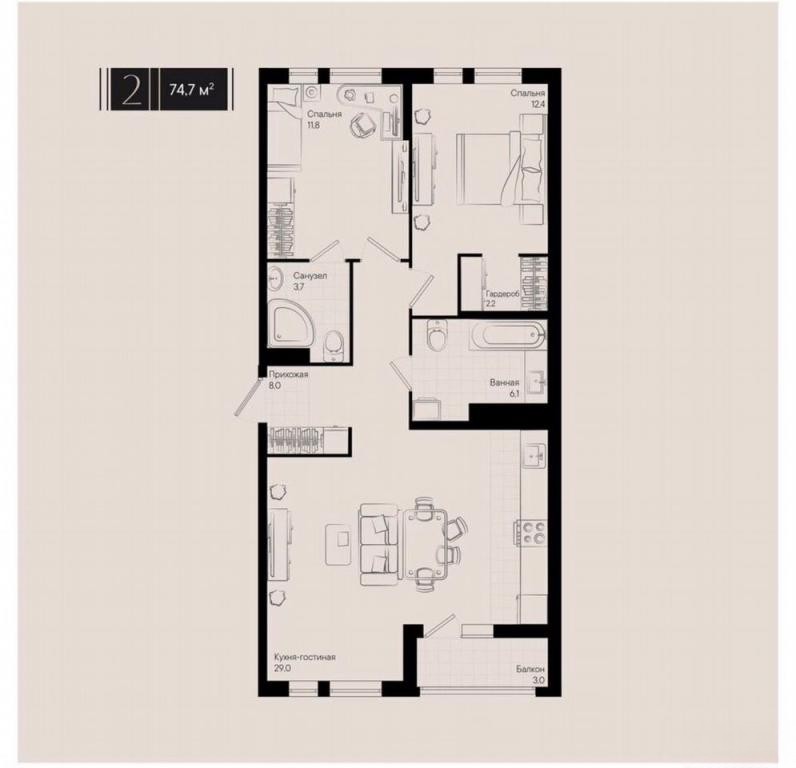 2-комн., 74.7 м², 17/18 этаж, ул. им. Александра Покрышкина, стр. 1/1
