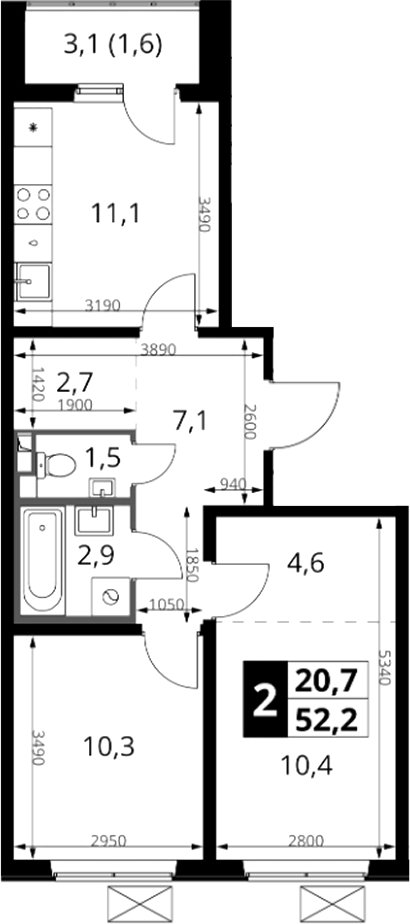 2-комн., 50.6 м², 3/25 этаж, ЖК «1-й Южный»