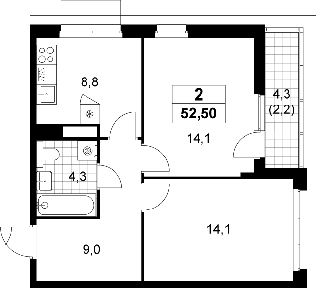 2-комн., 50.3 м², 5/15 этаж, ЖК «Деснаречье»