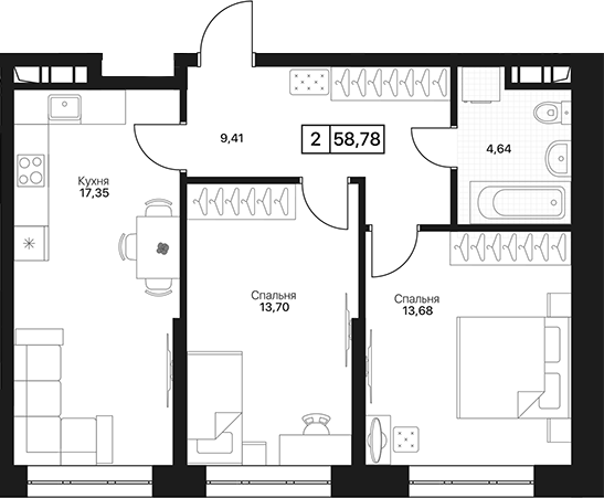 2-комн., 58.78 м², 2/13 этаж, ЖК «Пушкино Град»