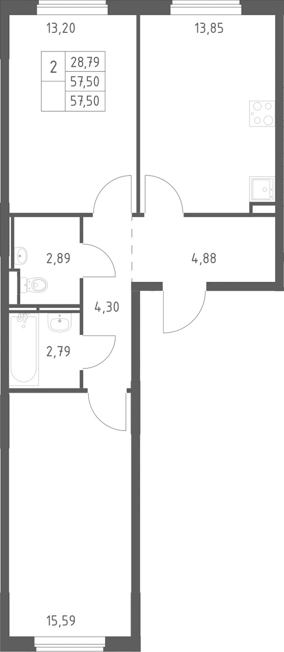 2-комн., 57.5 м², 5/17 этаж, ЖК «Мытищи Парк»