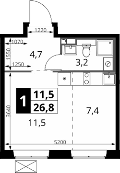 Студия, 26.8 м², 8/24 этаж, ЖК «1-й Южный»