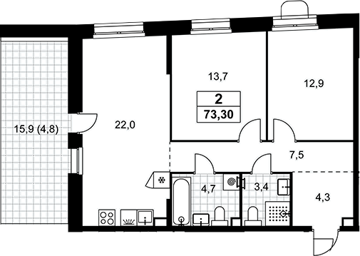 3-комн., 68.5 м², 3/10 этаж, ЖК «Прокшино»