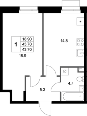 1-комн., 43.7 м², 1/3 этаж, ЖК «Кореневский Форт 2.3»