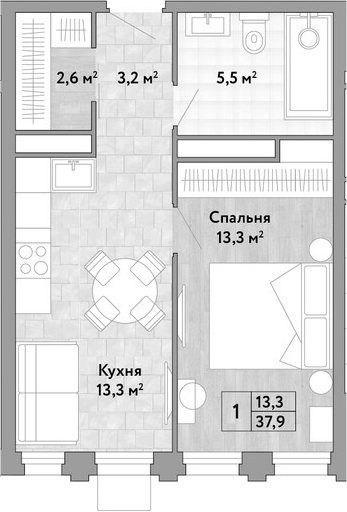 1-комн., 37.9 м², 27/29 этаж, ЖК «Новые Смыслы»