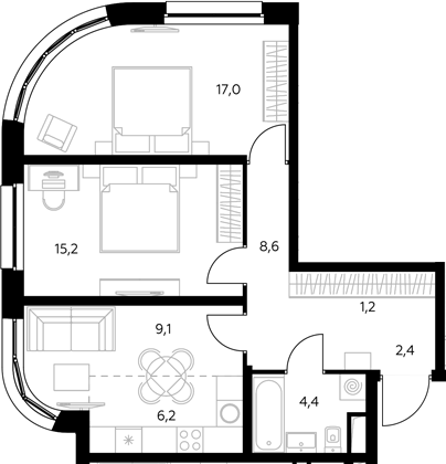3-комн., 64.1 м², 31/43 этаж, ЖК «Адмирал»