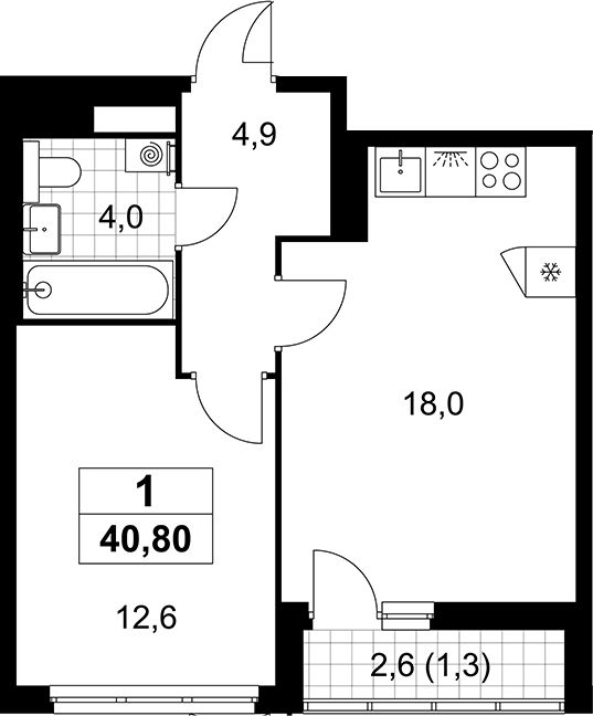 2-комн., 39.5 м², 12/12 этаж, ЖК «Деснаречье»