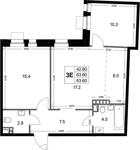 3-комн., 63.6 м², 2/3 этаж, ЖК «Кореневский Форт 2.3»