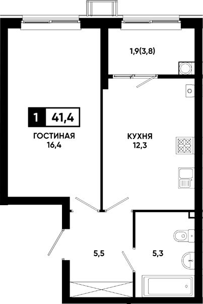 1-комн., 39.5 м², 1/23 этаж, ЖК «Резиденция Софи»