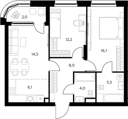 3-комн., 66.6 м², 20/43 этаж, ЖК «Адмирал»