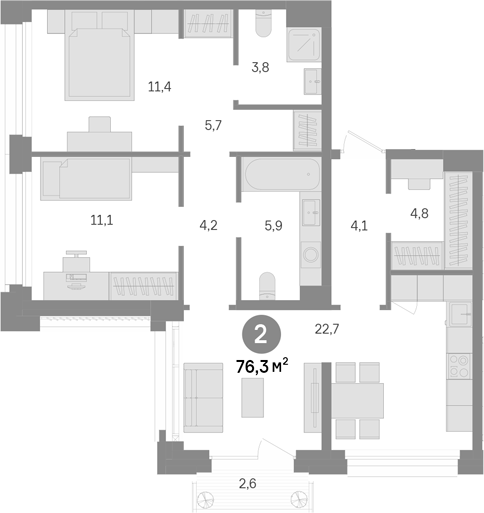2-комн., 73.7 м², 34/43 этаж, ЖК «Квартал Издание»