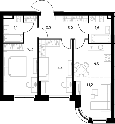 3-комн., 69 м², 10/43 этаж, ЖК «Адмирал»