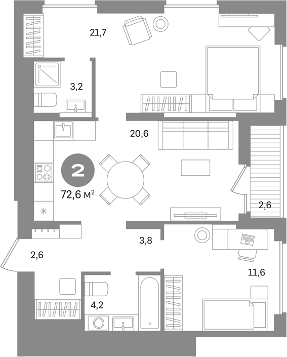 2-комн., 64.4 м², 15/17 этаж, ЖК «Первый квартал. Вторая очередь»